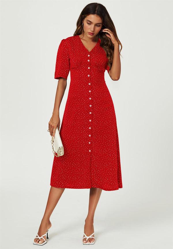 Goddiva Dot Print Button Front Midi Dress In Red By FS Collection