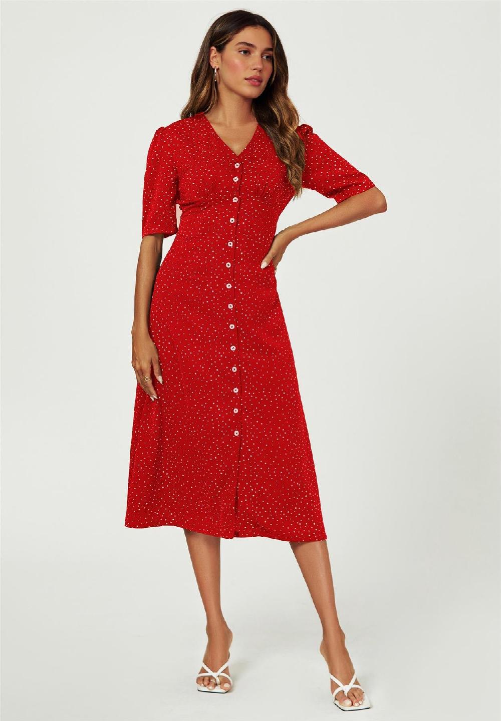 goddiva Dot Print Button Front Midi Dress In Red by FS Collection goddiva Dot Print Button Front Midi Dress In Red by FS Collection