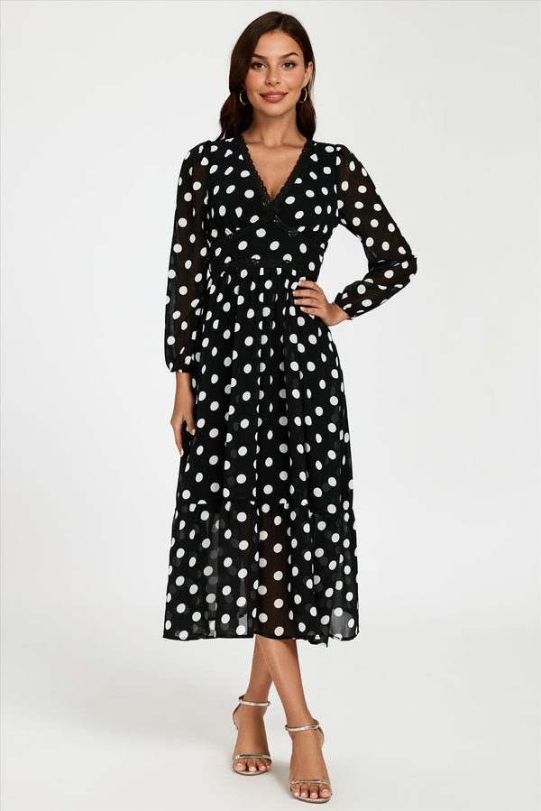 Goddiva Dot Print Lace Trim Long Sleeve Maxi Dress In Black By FS Collection