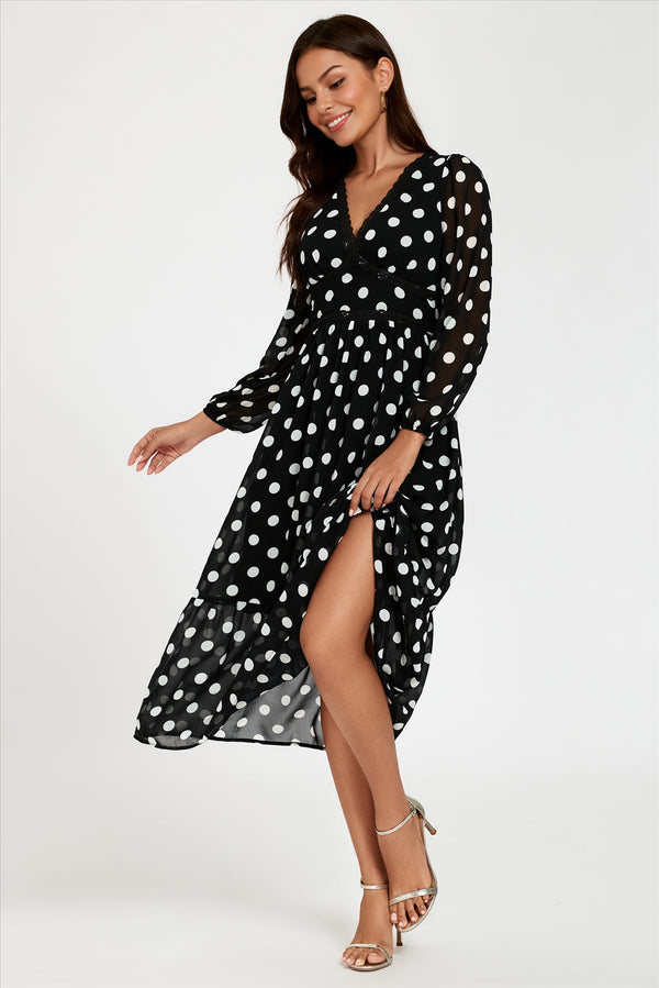 Goddiva Dot Print Lace Trim Long Sleeve Maxi Dress In Black By FS Collection