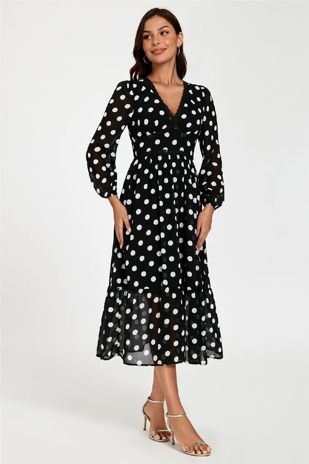 goddiva Dot Print Lace Trim Long Sleeve Maxi Dress In Black by FS Collection