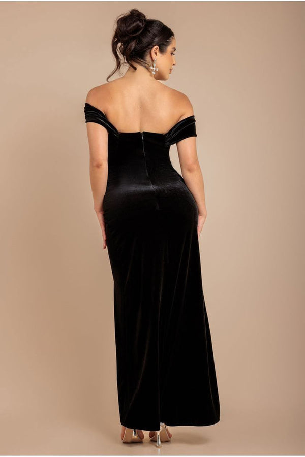Goddiva Draped Shoulder Velvet Corset Maxi Dress - Black By Goddiva