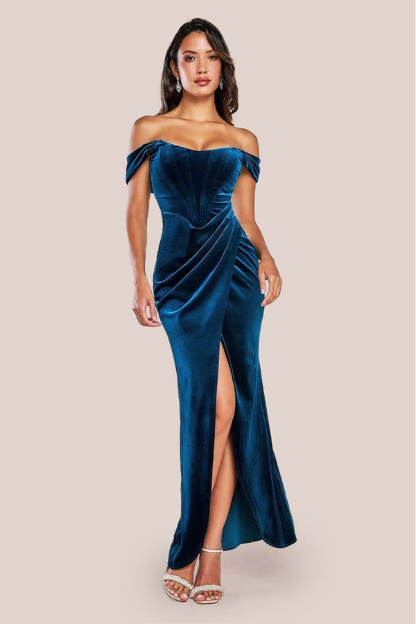 Goddiva Draped Shoulder Velvet Corset Maxi Dress - Teal Blue By Goddiva