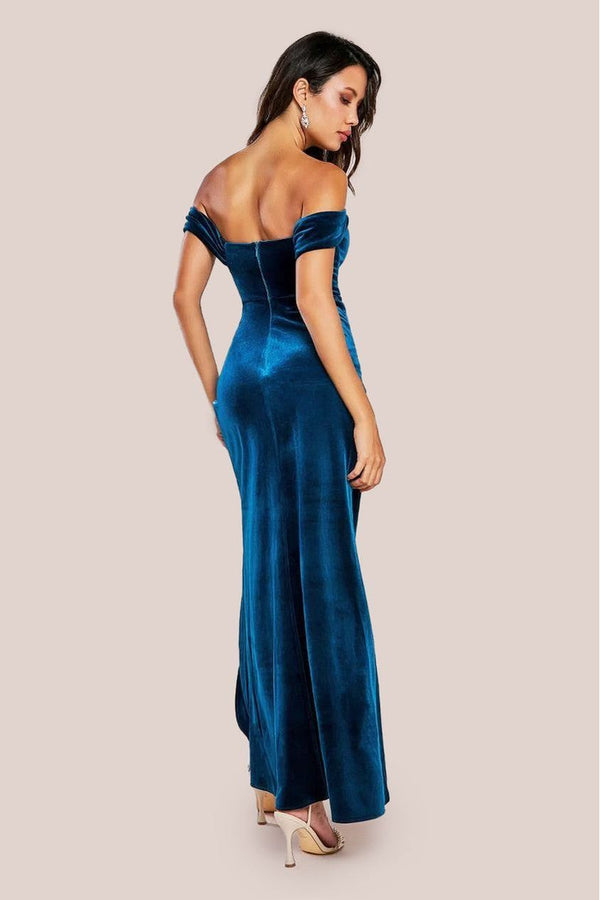 Goddiva Draped Shoulder Velvet Corset Maxi Dress - Teal Blue By Goddiva