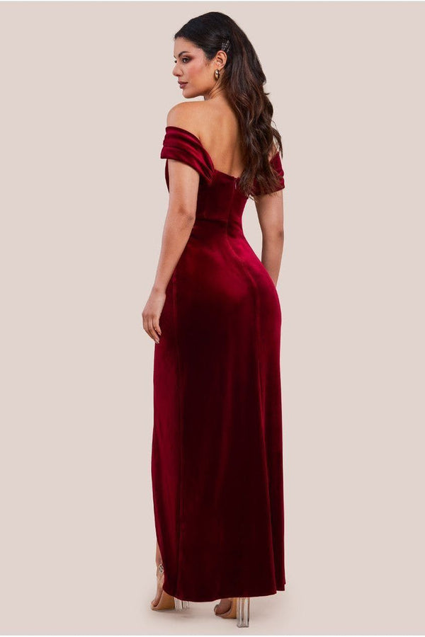 Goddiva Draped Shoulder Velvet Corset Maxi Dress - Wine By Goddiva