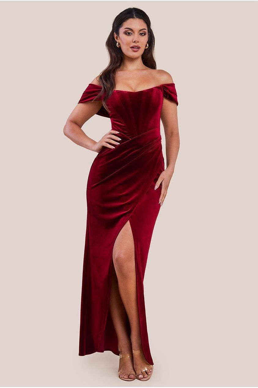 goddiva Draped Shoulder Velvet Corset Maxi Dress - Wine by Goddiva