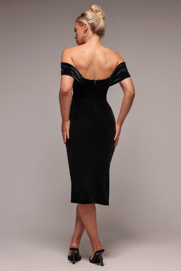 Goddiva Draped Shoulder Velvet Corset Midi Dress - Black By Goddiva