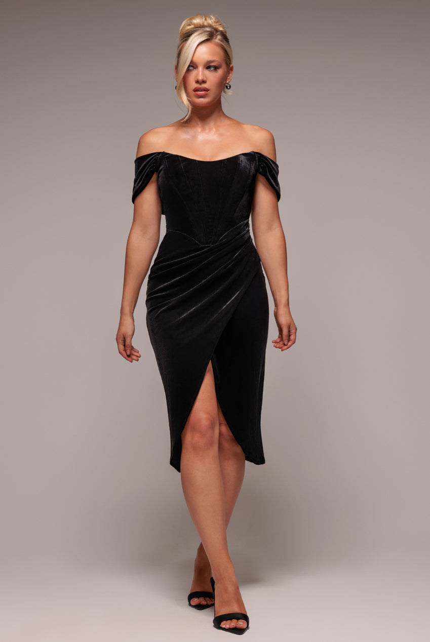 goddiva Draped Shoulder Velvet Corset Midi Dress - Black by Goddiva