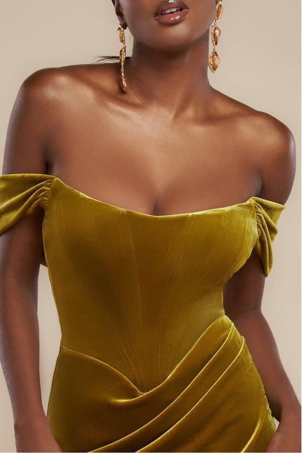 Goddiva Draped Shoulder Velvet Corset Midi Dress - Olive Green By Goddiva