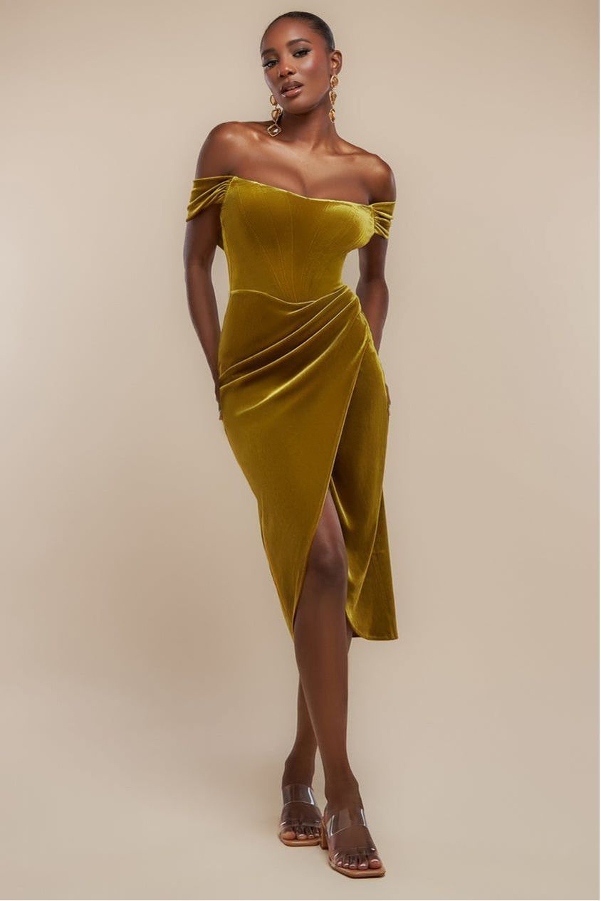 goddiva Draped Shoulder Velvet Corset Midi Dress - Olive Green by Goddiva