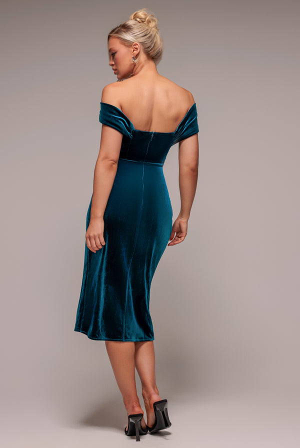 Goddiva Draped Shoulder Velvet Corset Midi Dress - Tealblue By Goddiva