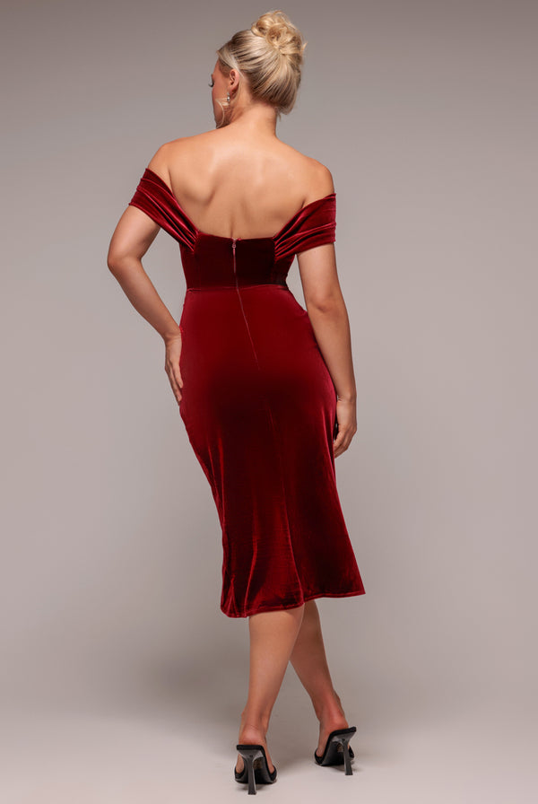 Goddiva Draped Shoulder Velvet Corset Midi Dress - Wine By Goddiva