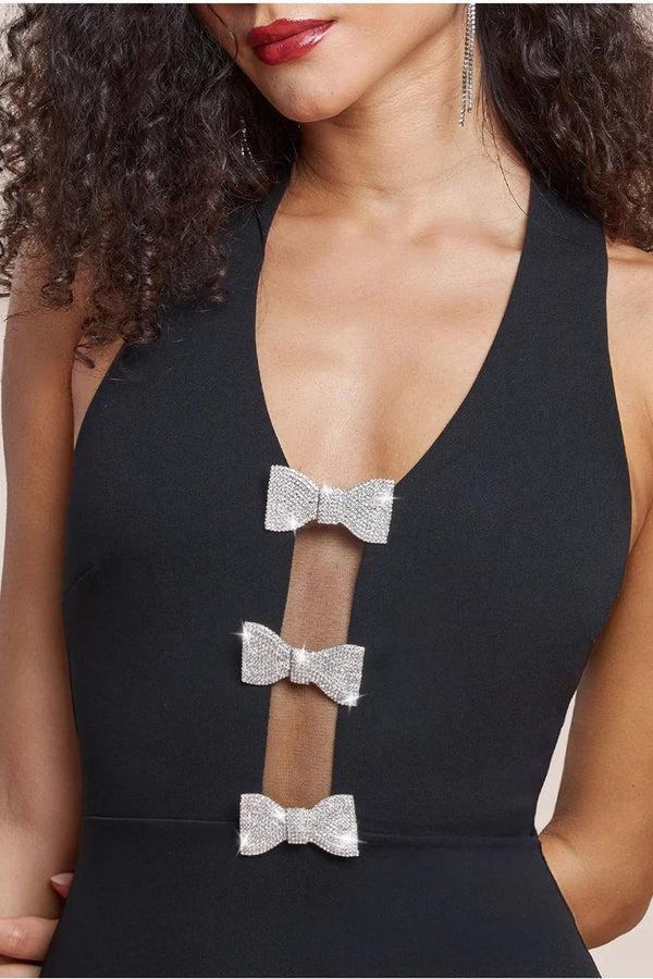 Goddiva Embellished Diamante Bow Mermaid Halter Neck Maxi Dress - Black By Goddiva