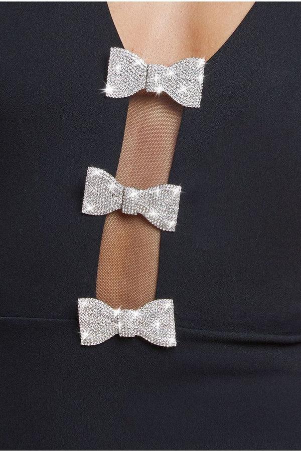 Goddiva Embellished Diamante Bow Mermaid Halter Neck Maxi Dress - Black By Goddiva