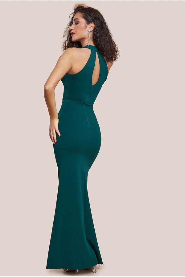 Goddiva Embellished Diamante Bow Mermaid Halter Neck Maxi Dress - Emerald By Goddiva