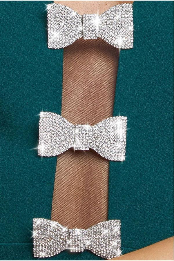 Goddiva Embellished Diamante Bow Mermaid Halter Neck Maxi Dress - Emerald By Goddiva