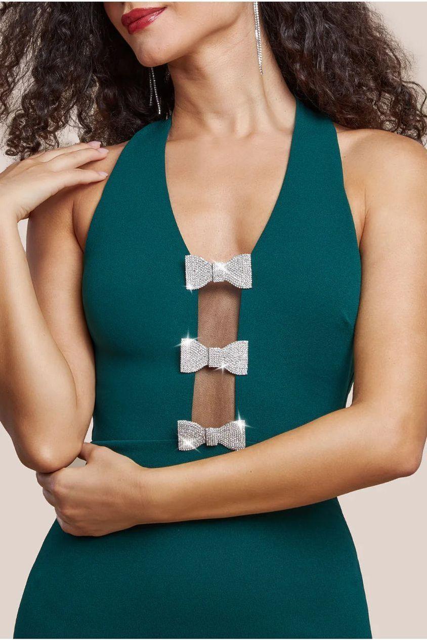 goddiva Embellished Diamante Bow Mermaid Halter Neck Maxi Dress - Emerald by Goddiva
