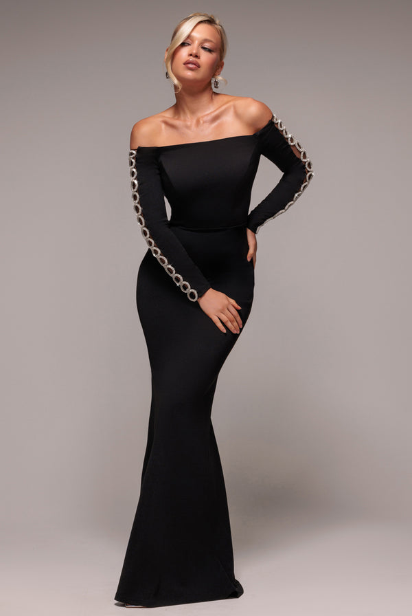 Goddiva Embellished Diamante Sleeve Bardot Maxi Dress - Black By Goddiva