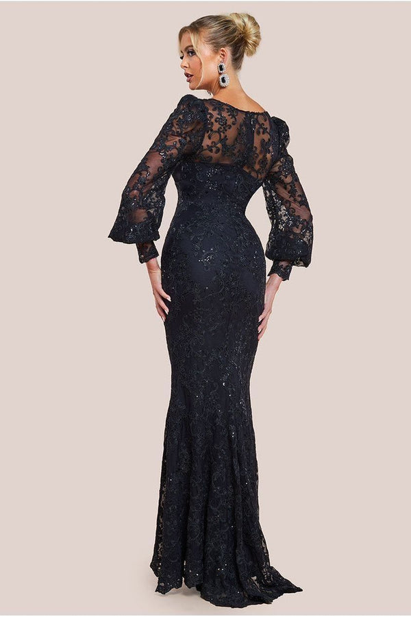 Goddiva Embroidered Lace Scalloped Edge Maxi Dress - Black By Goddiva