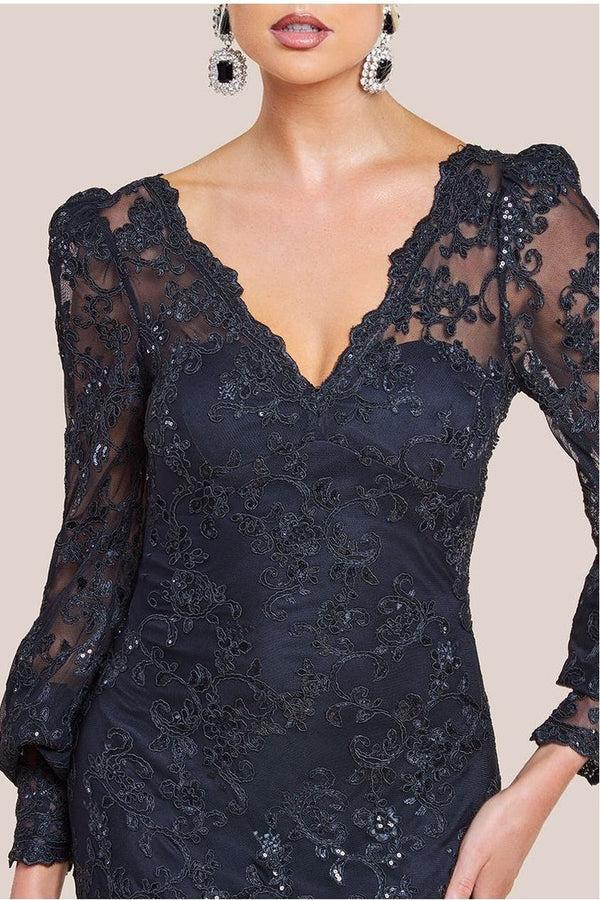 Goddiva Embroidered Lace Scalloped Edge Maxi Dress - Black By Goddiva
