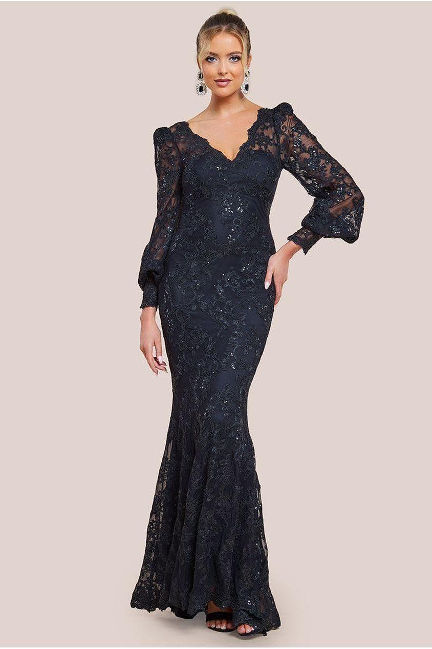 goddiva Embroidered Lace Scalloped Edge Maxi Dress - Black by Goddiva