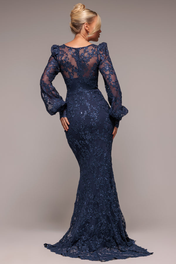 Goddiva Embroidered Lace Scalloped Edge Maxi Dress - Navy Blue By Goddiva