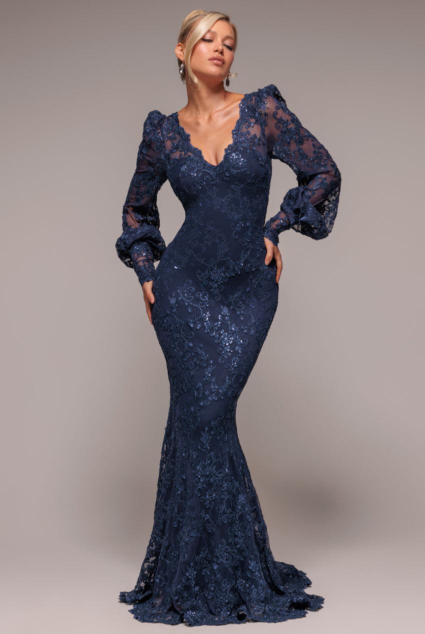 goddiva Embroidered Lace Scalloped Edge Maxi Dress - Navy Blue by Goddiva