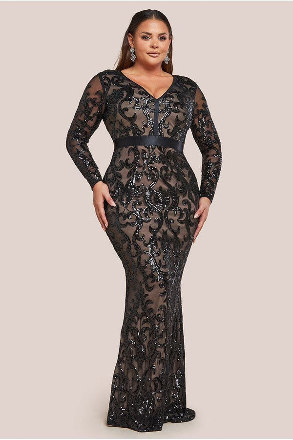 Goddiva Embroidered Sequin & Mesh Maxi Dress - Black By Goddiva Plus