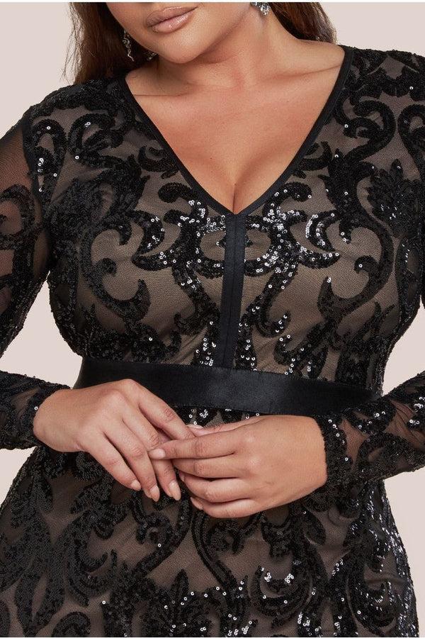 Goddiva Embroidered Sequin & Mesh Maxi Dress - Black By Goddiva Plus