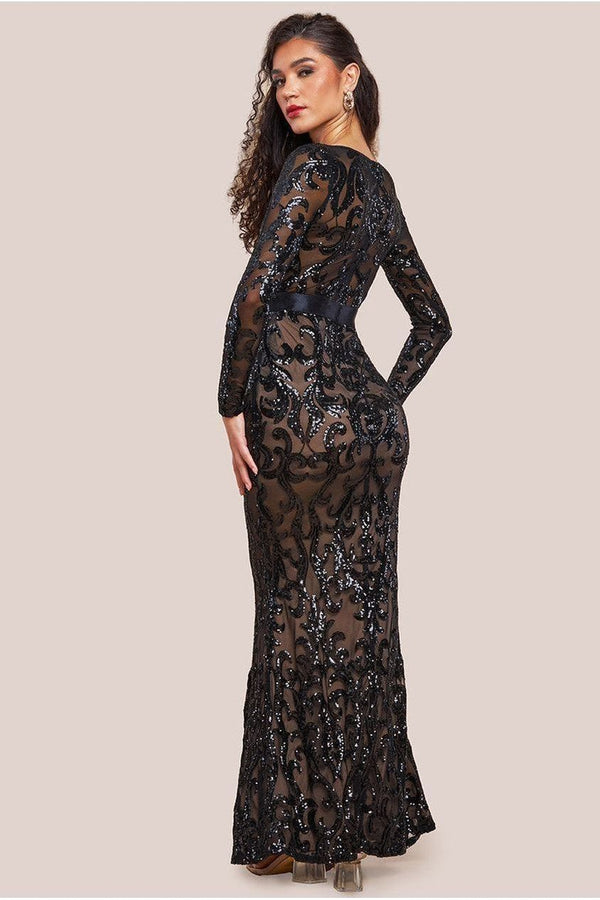 Goddiva Embroidered Sequin & Mesh Maxi Dress - Black By Goddiva