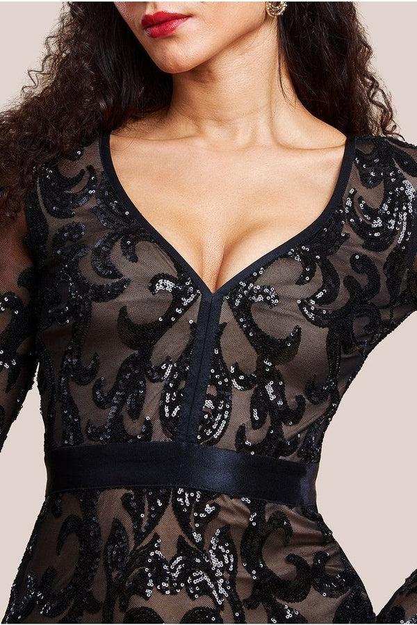 Goddiva Embroidered Sequin & Mesh Maxi Dress - Black By Goddiva