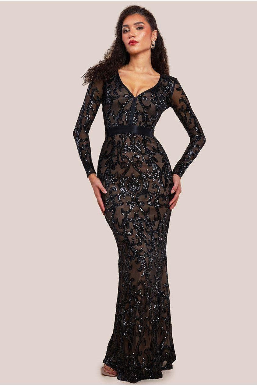 goddiva Embroidered Sequin & Mesh Maxi Dress - Black by Goddiva
