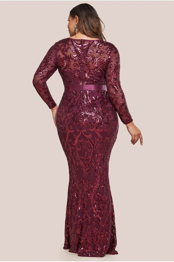 Goddiva Embroidered Sequin & Mesh Maxi Dress - Burgundy By Goddiva Plus