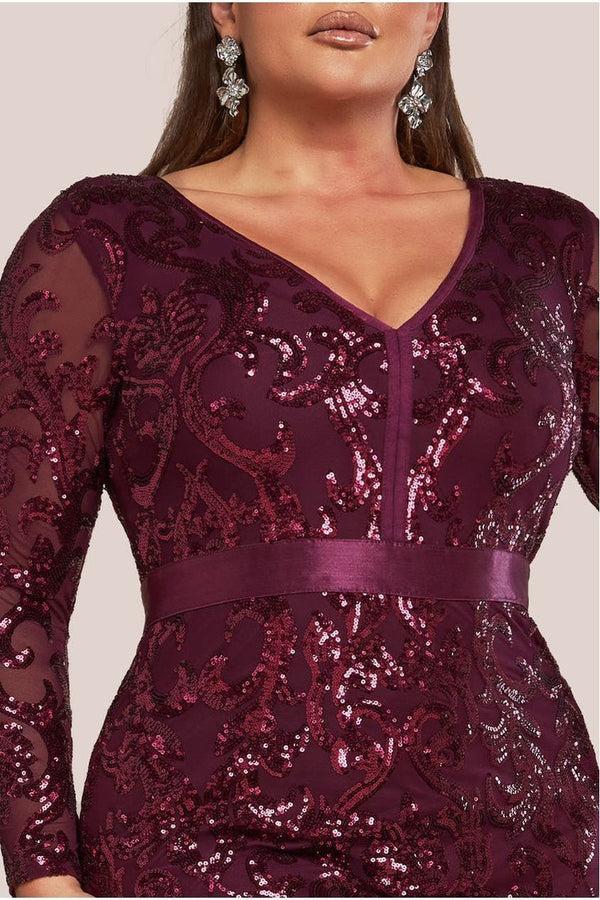 Goddiva Embroidered Sequin & Mesh Maxi Dress - Burgundy By Goddiva Plus
