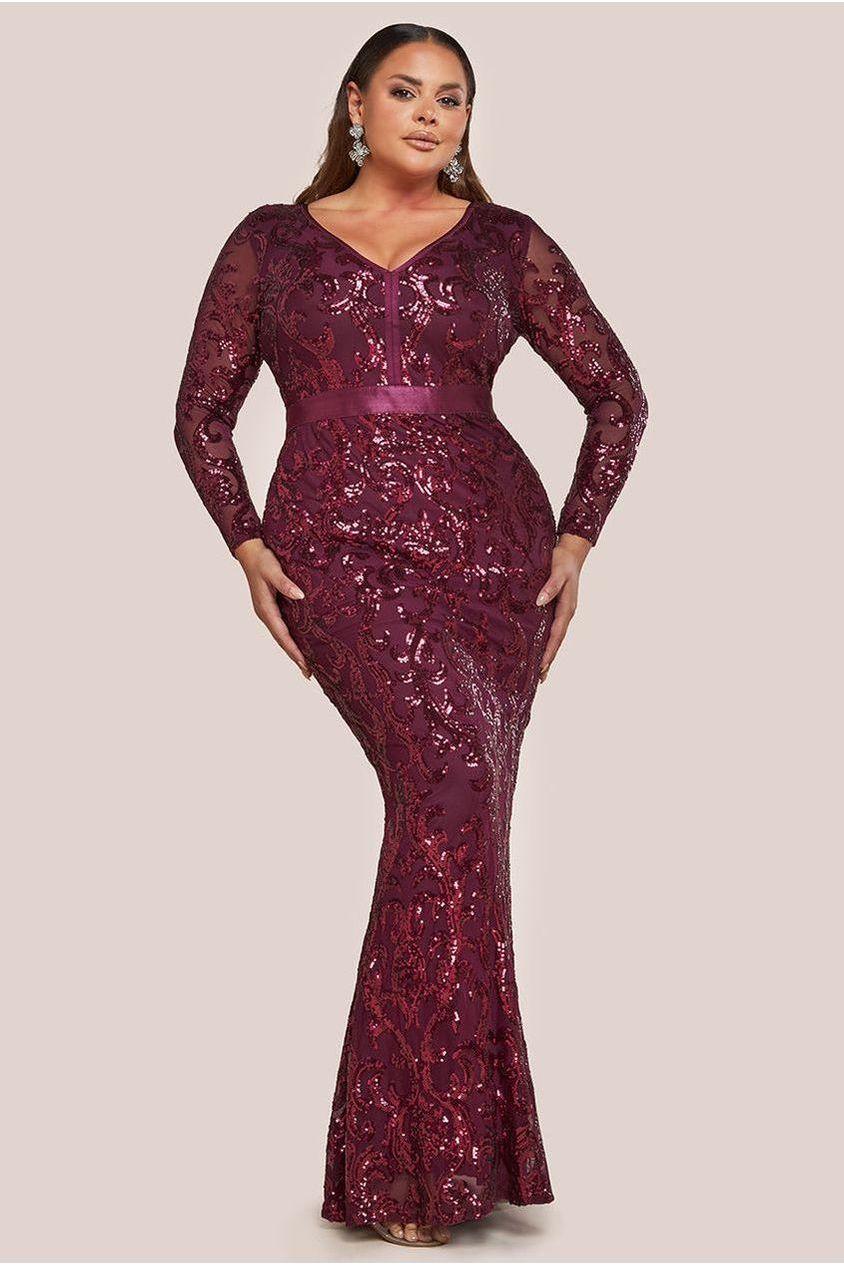 goddiva Embroidered Sequin & Mesh Maxi Dress - Burgundy by Goddiva Plus