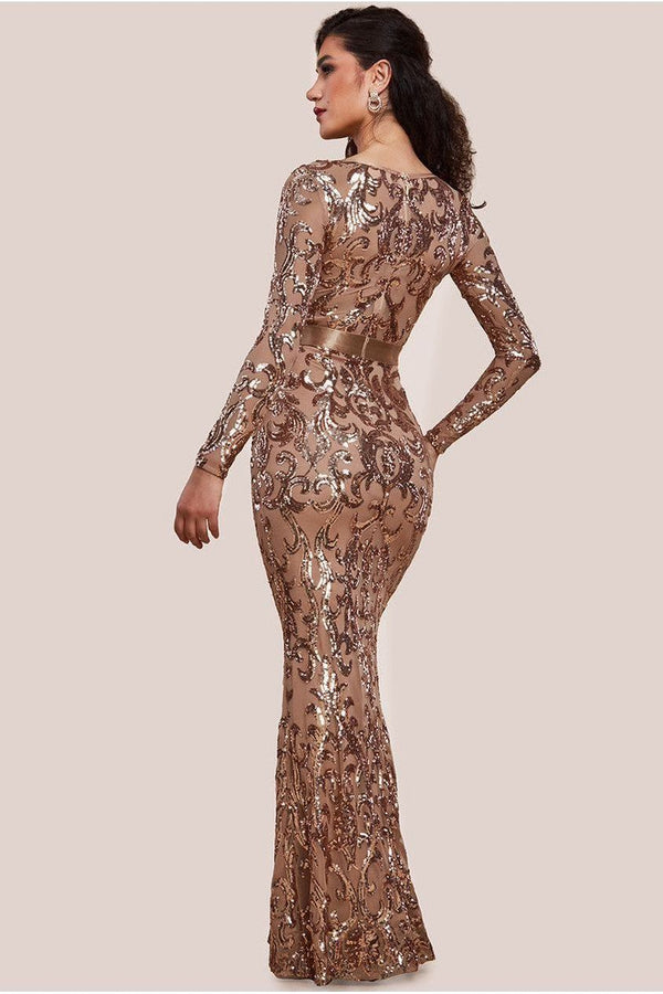 Goddiva Embroidered Sequin & Mesh Maxi Dress - Champagne By Goddiva