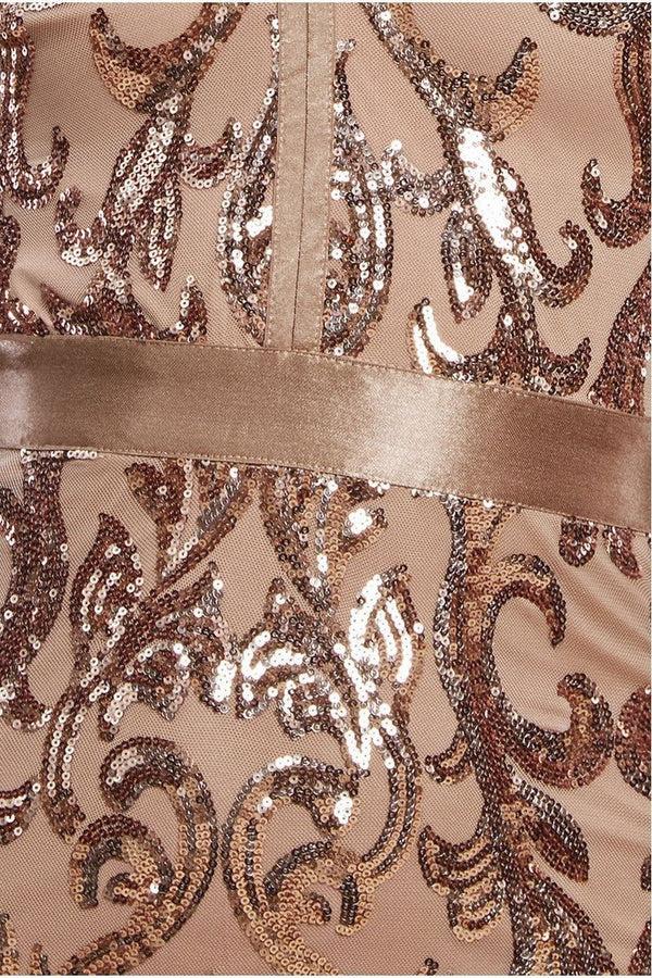 Goddiva Embroidered Sequin & Mesh Maxi Dress - Champagne By Goddiva