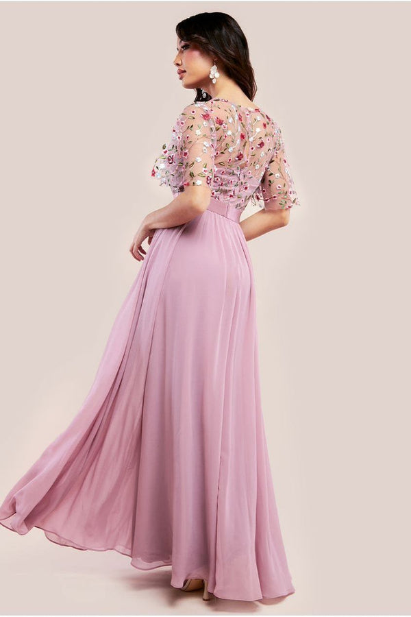Goddiva Embroidered Top Flutter Sleeve Maxi - Rosepink By Goddiva