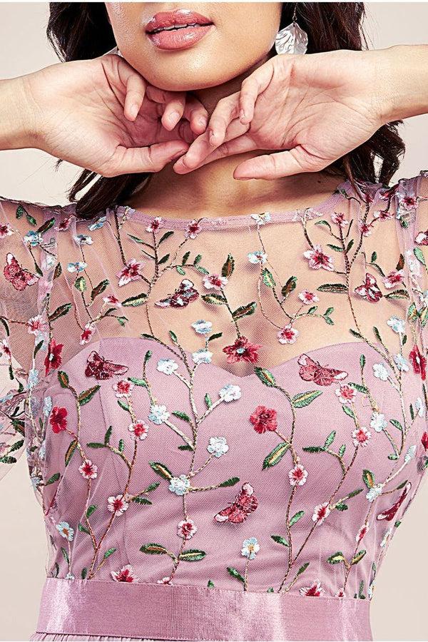 Goddiva Embroidered Top Flutter Sleeve Maxi - Rosepink By Goddiva