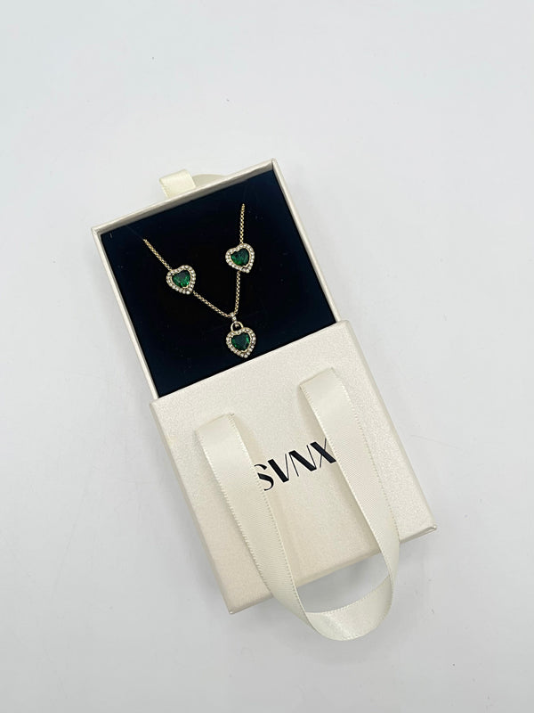 Goddiva Emerald Green Diamante Heart Necklace And Earrings Set In Gold By SVNX