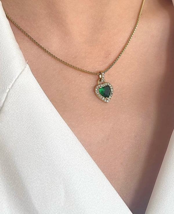 Goddiva Emerald Green Diamante Heart Necklace And Earrings Set In Gold By SVNX