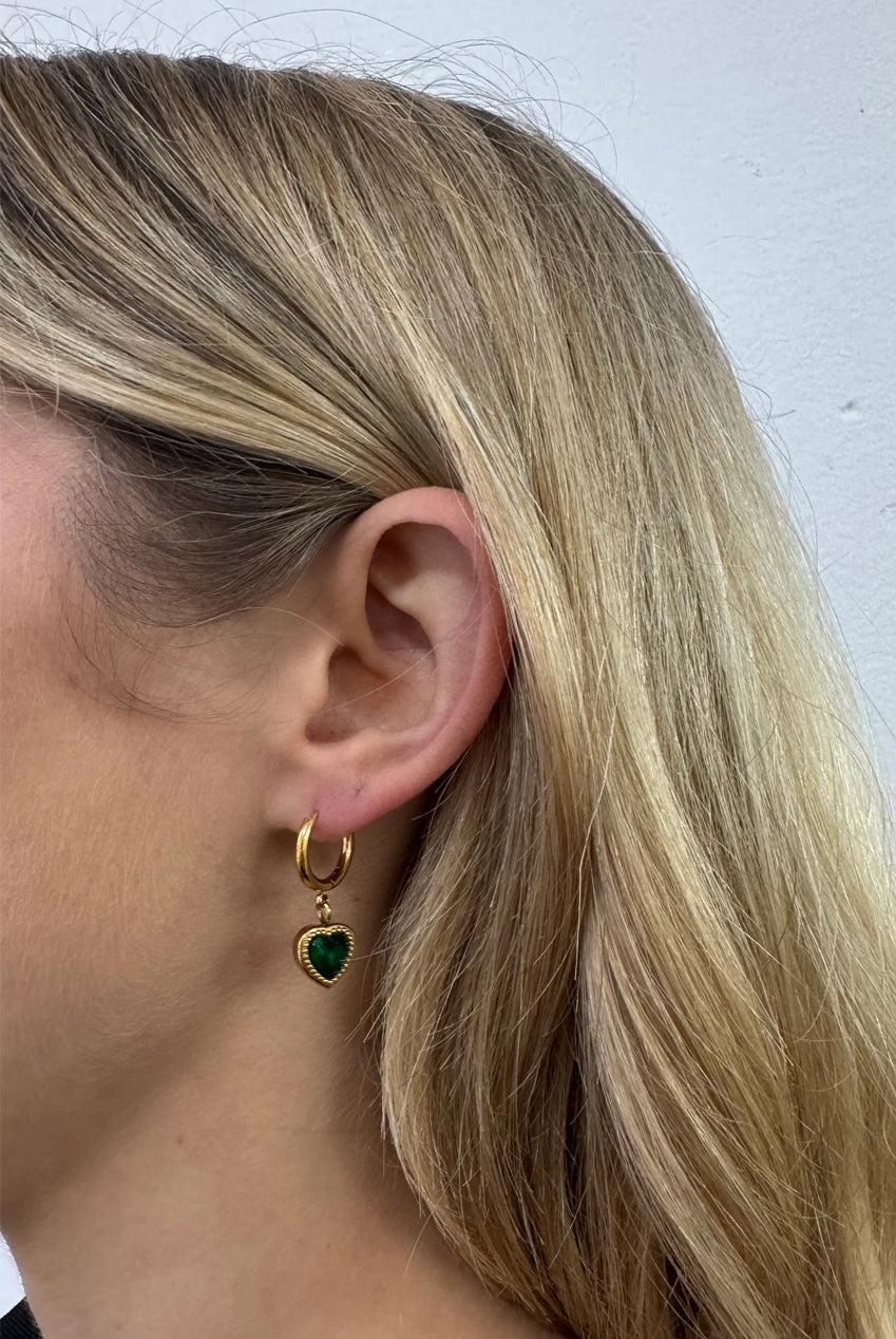 goddiva Emerald Green Heart Hoop Earrings In Gold by SVNX