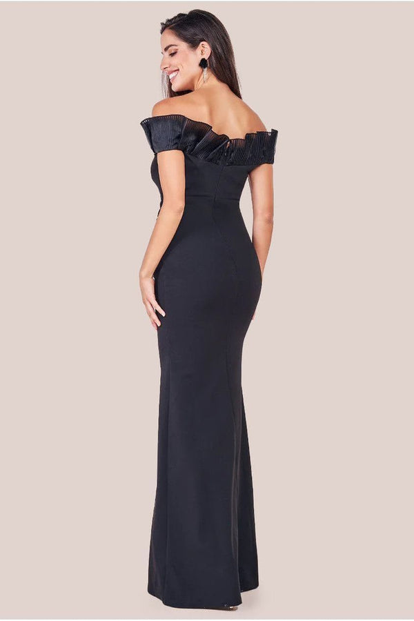 Goddiva Fan Pleated Bardot Scuba Crepe Maxi - Black By Goddiva