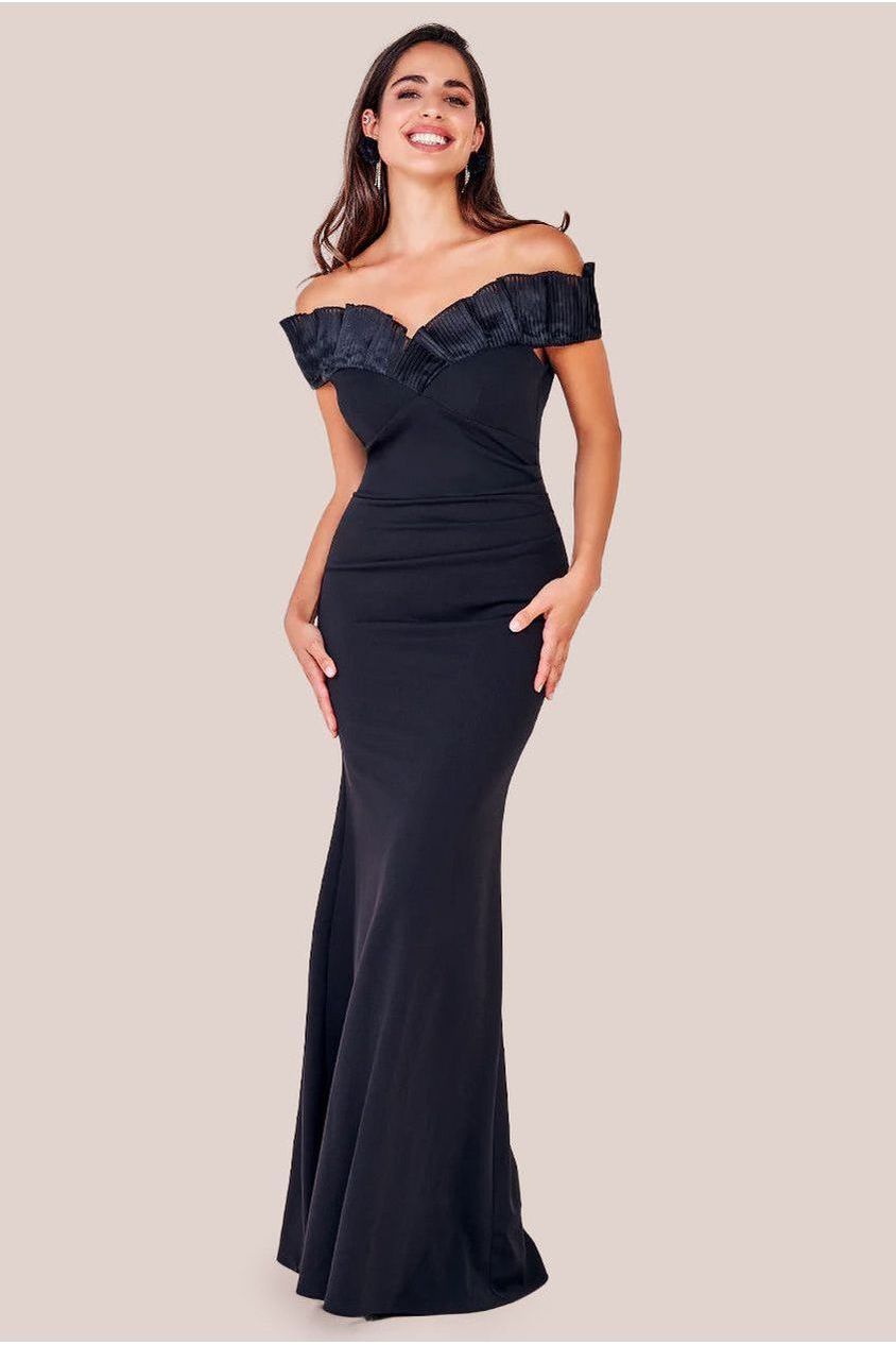 goddiva Fan Pleated Bardot Scuba Crepe Maxi - Black by Goddiva