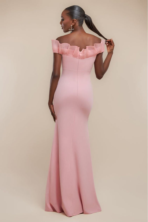 Goddiva Fan Pleated Bardot Scuba Crepe Maxi Dress - Blush Pink By Goddiva