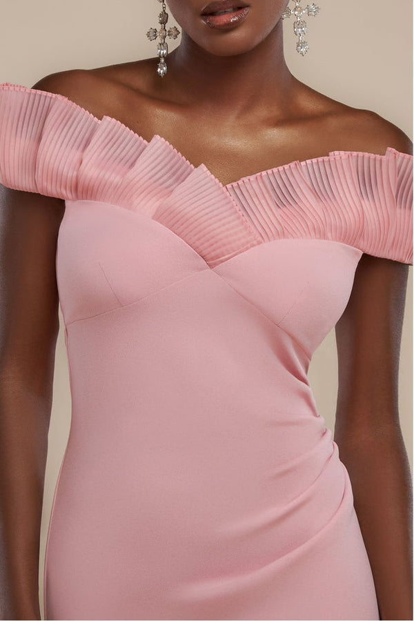Goddiva Fan Pleated Bardot Scuba Crepe Maxi Dress - Blush Pink By Goddiva