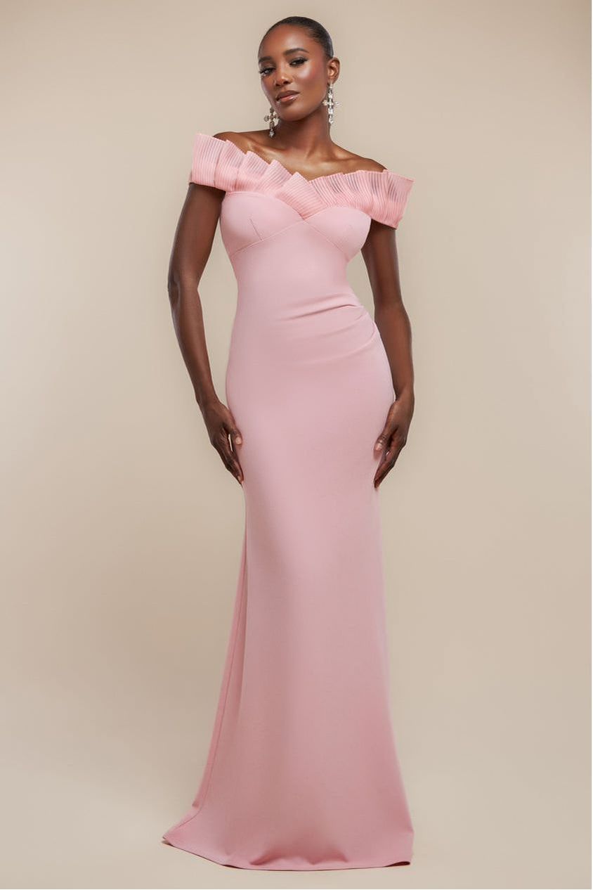 goddiva Fan Pleated Bardot Scuba Crepe Maxi Dress - Blush Pink by Goddiva