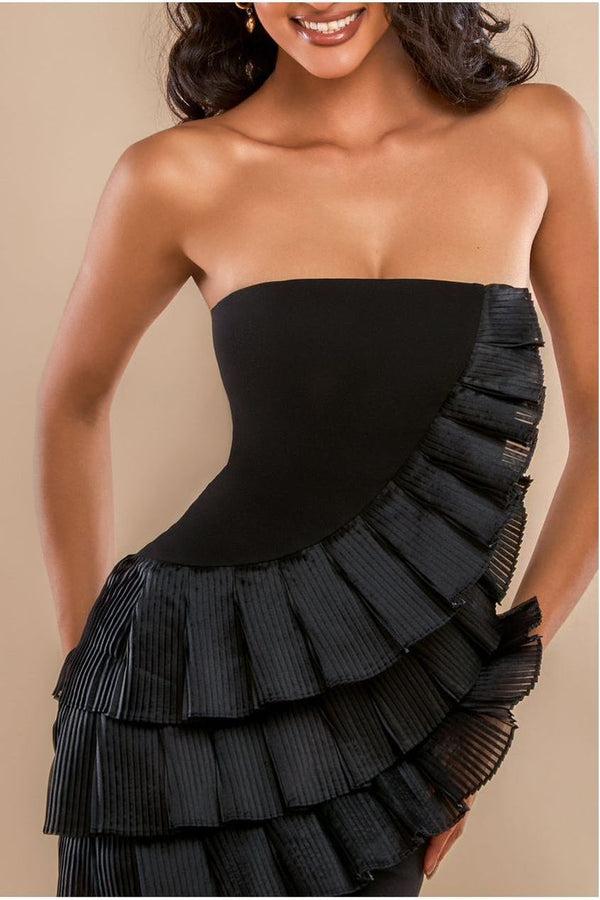 Goddiva Fan Pleated Boobtube Scuba Crepe Mini - Black By Goddiva