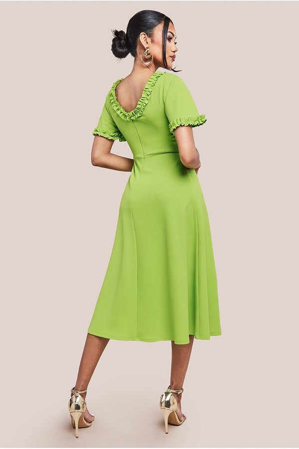 Goddiva Flare Sleeve Frill Edge Midi Dress - Lime Green By Goddiva