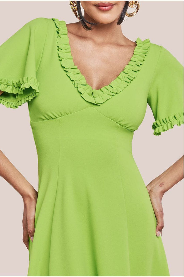 Goddiva Flare Sleeve Frill Edge Midi Dress - Lime Green By Goddiva